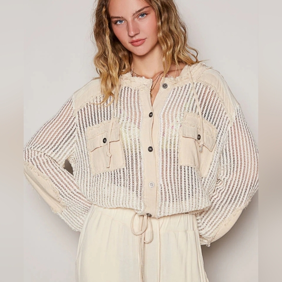 POL Open Knit Contrast Hooded Shacket W/ Hoodie. Sz L NWOT - Picture 1 of 8